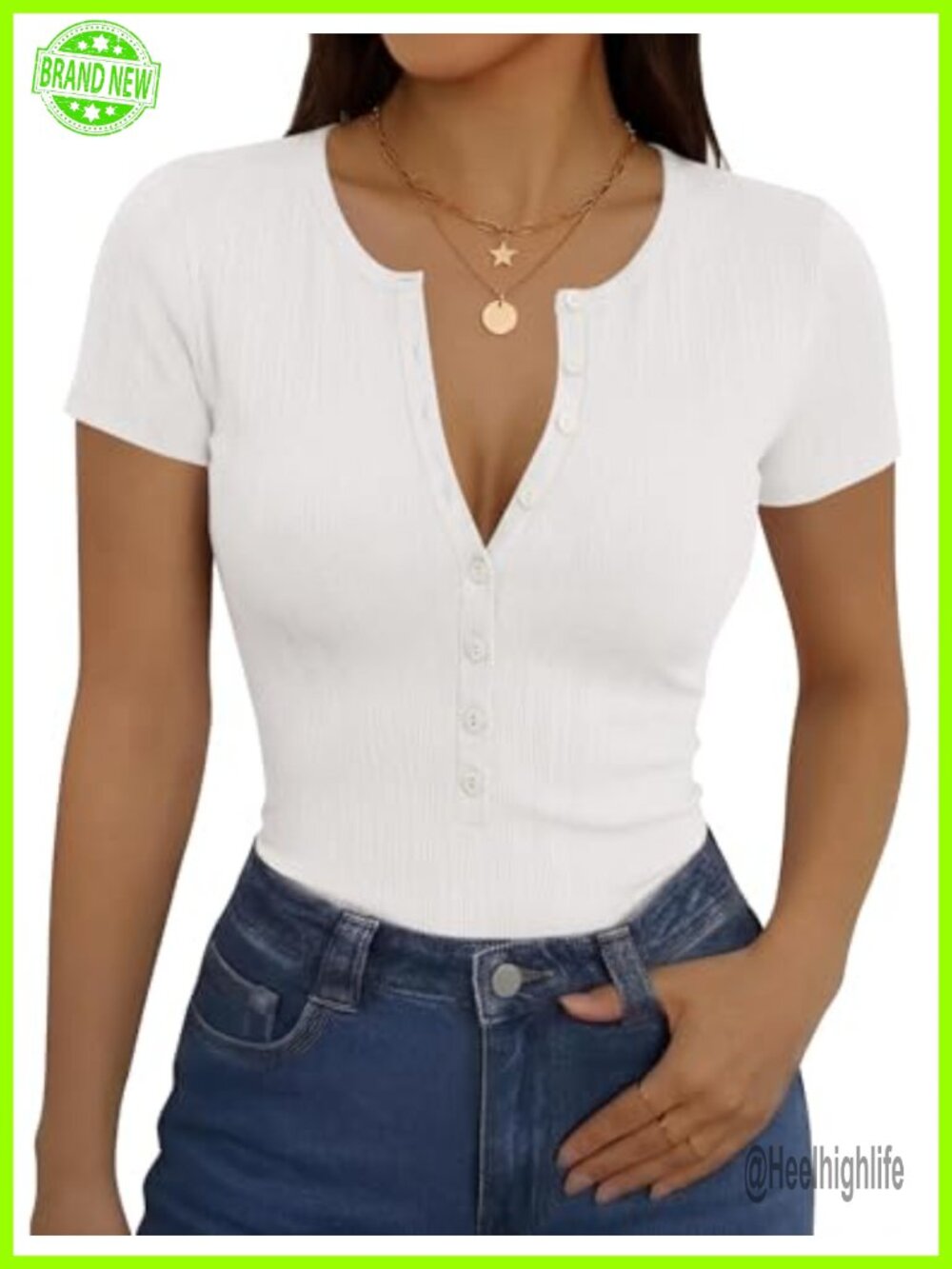 Women's Ribbed Henley Top V Neck Button Down Short Sleeve Slim Fit Casual Shirt